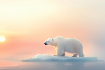 A solitary polar bear stands on a small iceberg, gazing at the serene sunset over the calm, icy Arctic waters.