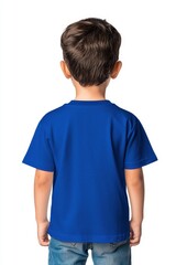 Fototapeta premium Child wearing a blue t-shirt from the back, isolated on a white background