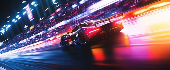 A blur of motion as a race car speeds down a track with lights and blurred spectators.
