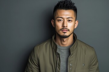Fototapeta premium 都会の背景で立っている男性のポートレート、落ち着いた表情で穏やかな雰囲気を漂わせている瞬間