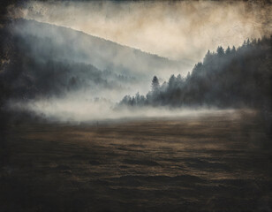 Misty Foggy Forest with Moody Landscape in Mysterious Atmosphere, distressed, grungy texture