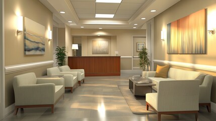 Fototapeta premium A serene doctor's office waiting area with comfortable seating, subtle lighting, and cozy decor, providing a welcoming space for patients.