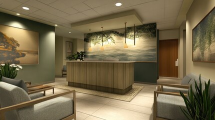 A serene doctor's office waiting area with comfortable seating, subtle lighting, and cozy decor, providing a welcoming space for patients.
