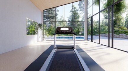 Fototapeta premium A modern treadmill in a bright home gym with stunning mountain views and natural light, perfect for daily workouts and fitness routines