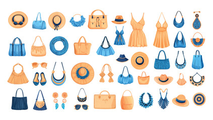 Summer ethnic accessories cartoon vector set. Woman beach bags fashion hats jewelry panamas sunglasses swimsuits dresses earrings, sea coast luxury marine resort isolated stuff
