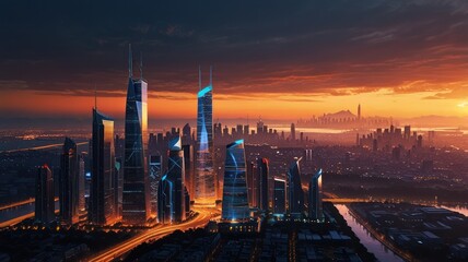 Aerial view of a futuristic city skyline at sunset.
