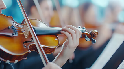 A close-up of musicians playing violins in an orchestra, showcasing intricate hand movements and...