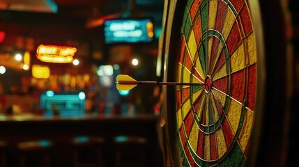 Close-up of a dart hitting the bullseye on a dartboard in a lively bar environment, demonstrating accuracy and skill.