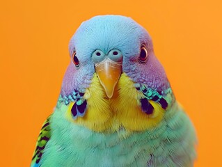 Colorful parakeet bird portrait on orange background.