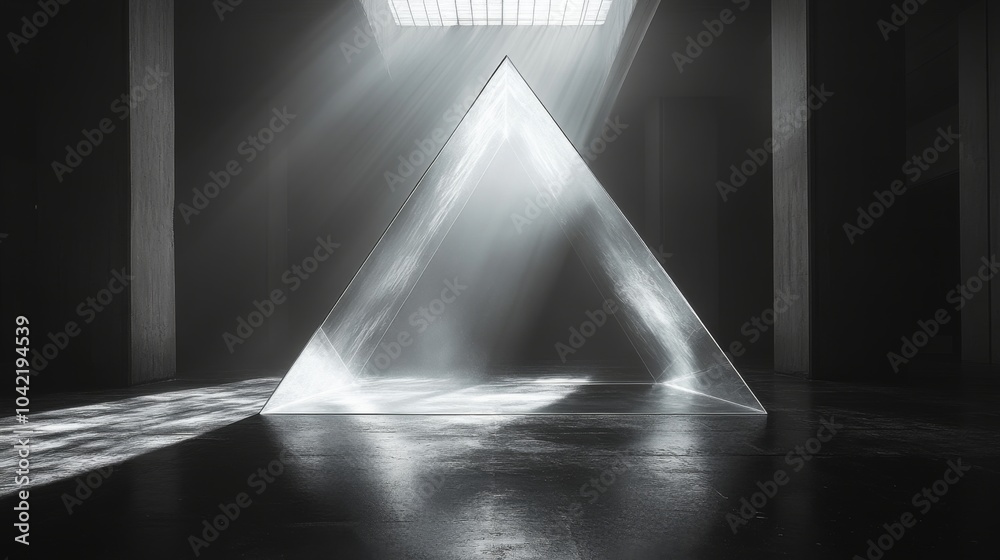 Fototapete soft rays of light filter through a ceiling grate, illuminating a transparent pyramid in an otherwis