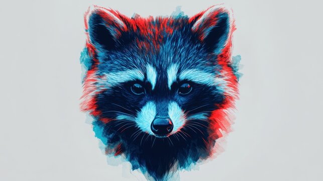 A vibrant, colorful, and artistic portrait of a raccoon's face, with a blue and red color scheme and a watercolor-like background.