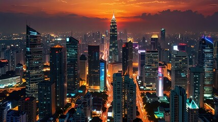 Obraz premium A panoramic view of a modern city skyline at dusk with skyscrapers and illuminated streets.