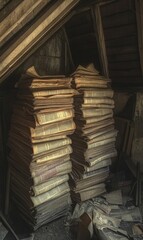 Obraz premium Stacks of old books in a dark attic.