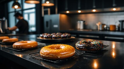 Aesthetic preparation of specialty donuts on a black themed kitchen. bokeh style.