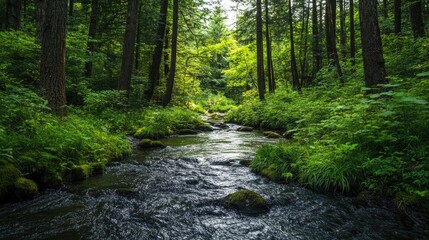 Obraz premium Create 5 prompts for stock photos related to Nature-inspired Zoom meeting background with lush green scenery, offering a peaceful setting and plenty of room for text or logo placement.