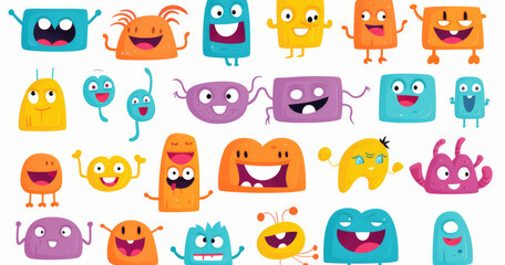 A colorful collection of playful cartoon characters with various shapes and expressions isolated on white background, designed for fun and creativity.