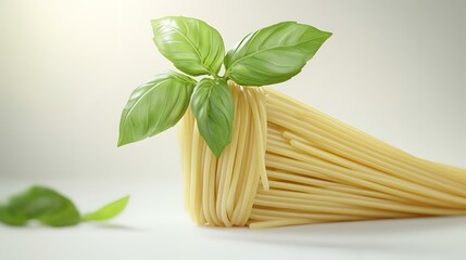 Bundle of raw spaghetti with basil leaves on light background.