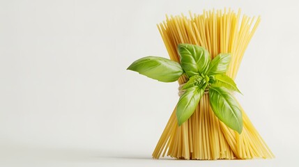 Bundle of raw spaghetti with basil leaves on light background.