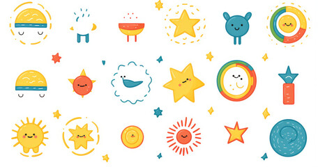 A playful collection of cute celestial-themed illustrations featuring suns, stars, and other whimsical designs isolated on white background.