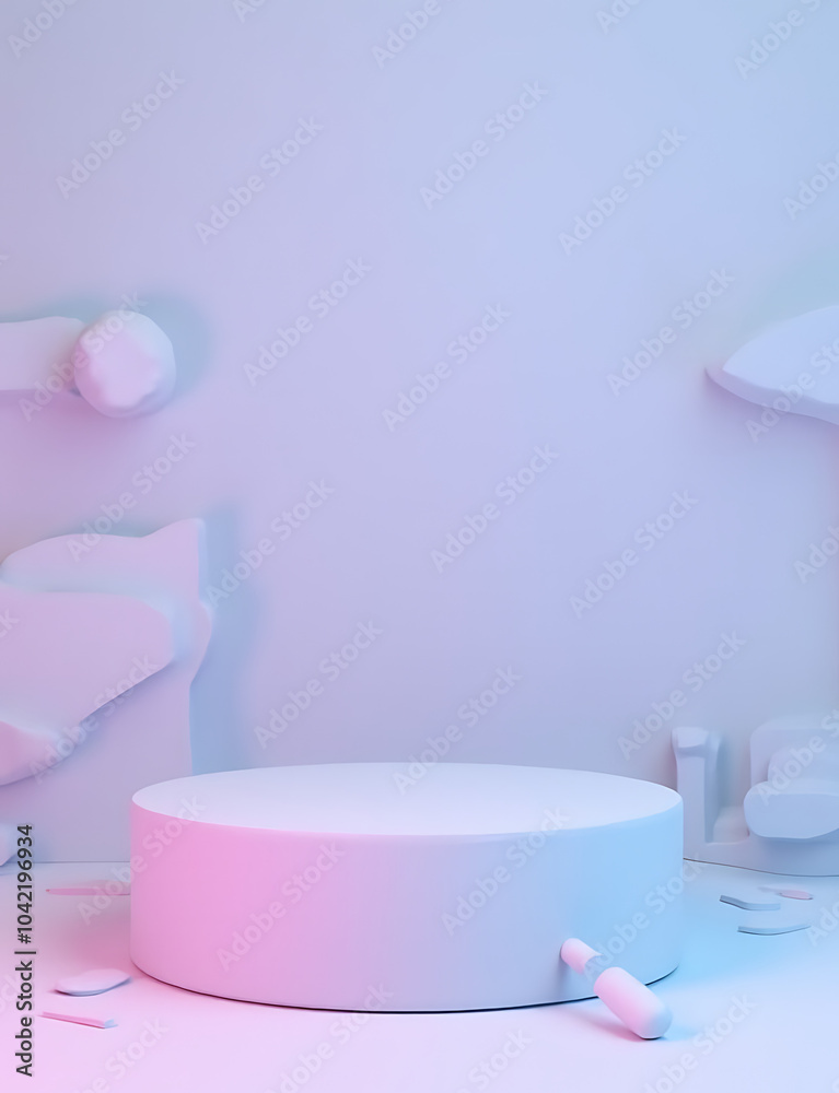 Aufkleber Blue and pink blend on minimalist podium with geometric forms in abstract 3D render background for product display purposes.