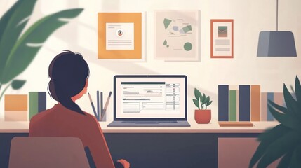 A woman sits at her desk in front of a laptop, working. There are potted plants, framed artwork, and a desk organizer on the desk. The room is brightly lit with natural light.