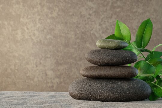 Smooth stones stacked with green leaves on a neutral background, promoting calmness.