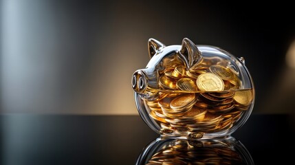 A glass piggy bank filled with gold coins on a black reflective surface.