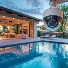 Obraz premium Home security camera by pool. A security camera monitors a modern home with a pool and patio area at dusk.