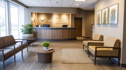 Inviting doctor's office waiting area with a calm atmosphere, complete with comfortable seating, soft lighting, and minimalist decor for patient relaxation.