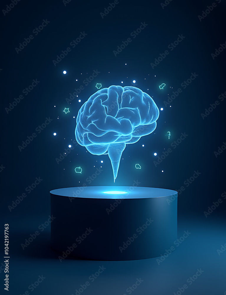 Poster Business presentations showcase AI growth with holographic podiums featuring brain icons and glowing symbols in ample copy space.