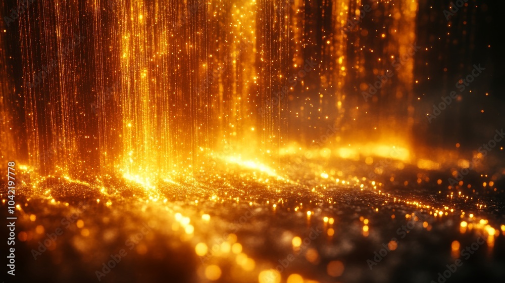 Aufkleber Golden droplets flow like liquid light, creating a stunning visual effect on a dark surface. The sparkling cascade adds a warm glow to the surroundings, evoking a magical atmosphere.