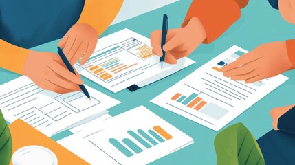 Three people sit around a table reviewing documents with charts, graphs, and forms.
