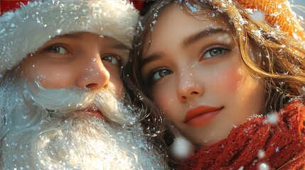 Christmas man and child enjoy playing outdoors at sunset and savour the moments of bonding and adventure. Portrait close-up 