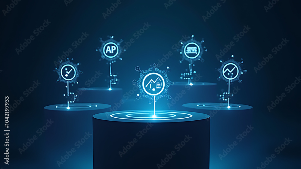Poster Business presentations use holographic podiums featuring AI icons with glowing growth symbols.