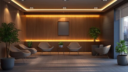 Modern doctor waiting room with warm wood accents, soft lighting, and comfy chairs, designed for a relaxing and stress-free environment.
