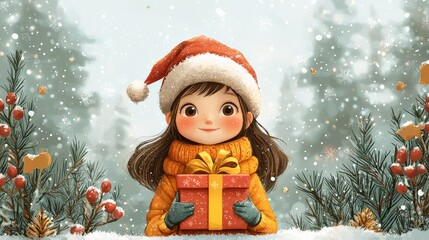 cartoon girl in the front. Christmas happy time with a gift