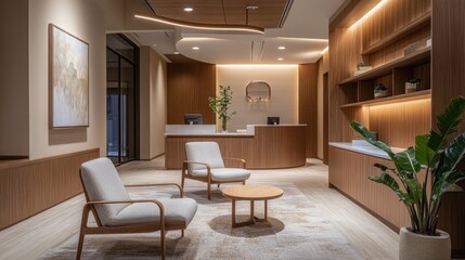 Fototapeta premium Modern doctor waiting room with warm wood accents, soft lighting, and comfy chairs, designed for a relaxing and stress-free environment.