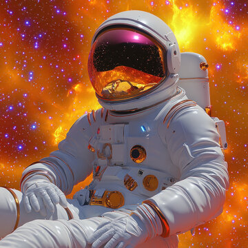 Resting astronaut against fiery cosmic background.