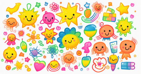 Obraz premium A colorful collection of cheerful doodles featuring suns, flowers, and playful creatures isolated on white background, perfect for creative projects.