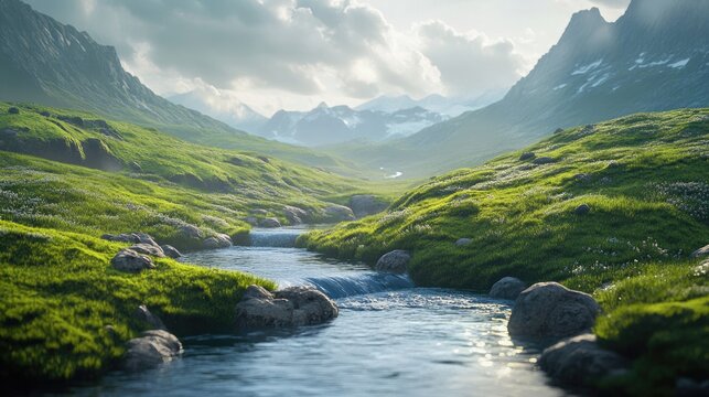 Nature-inspired Zoom background with a view of a tranquil river flowing through a green valley, offering a peaceful ambiance for virtual meetings.