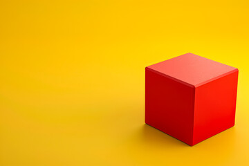 Fototapeta premium Red box sits on a yellow background. The box is the only object in the image. The yellow background creates a bright and cheerful mood