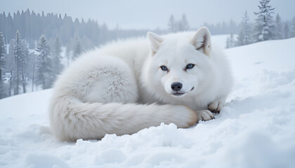 Naklejka premium Majestic White Arctic Fox Resting Peacefully in Snowy Winter Landscape