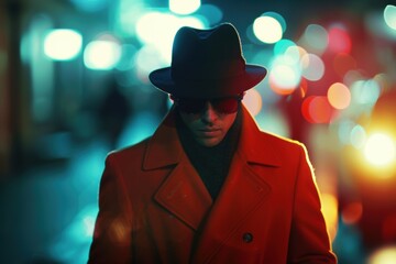 Mysterious man in black suit with hidden face, spying through a shadowy alley