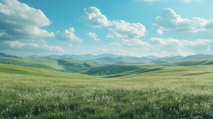Serene natural landscape with rolling green hills, designed for Zoom meetings, providing a relaxing setting with space for branding or logos.