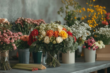 Colorful flower arrangements in a florist shop showcasing various blooms in pots and bouquets during daylight hours. Generative AI