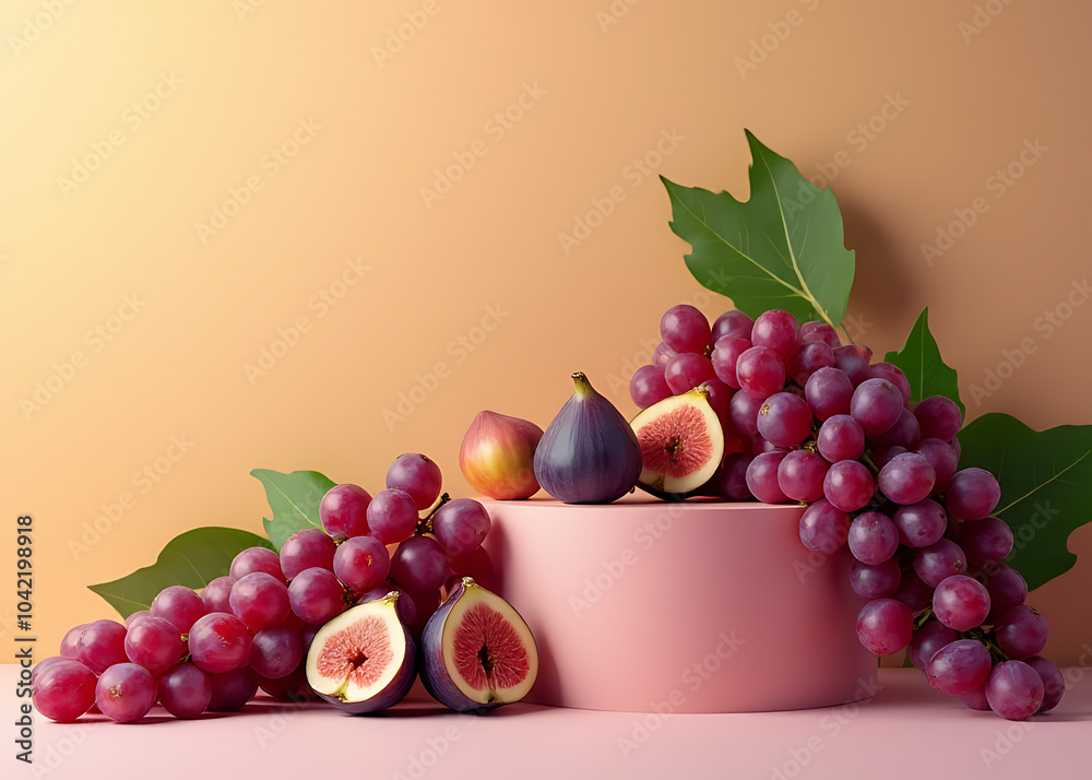Poster Colorful grapes and figs on a podium make for a unique business concept design with plenty of copy space available online instantly today.