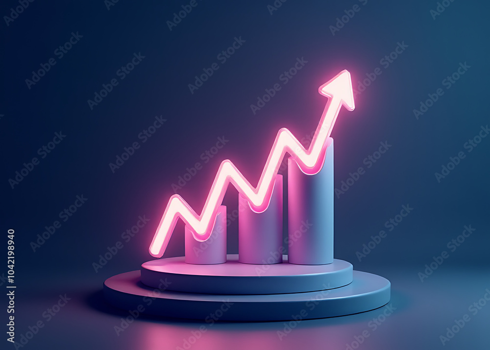 Poster Conceptual AI design features 3D glowing growth arrows on a podium with AI technology and business presentation copy space.