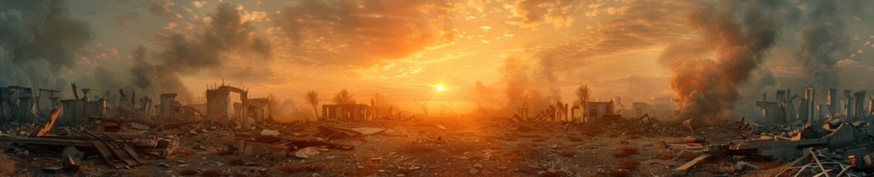 Desolate apocalyptic landscape with smoke rising, broken structures, and a fiery sunset in the background. Free copy space for banner.