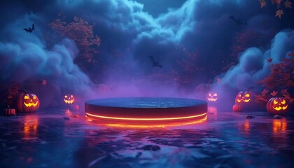 3D Spooky Neon Halloween Sale Podium, glowing black podium with neon accents stands in the center of a 3D scene filled with floating jack-o’-lanterns and vibrant neon spider webs.