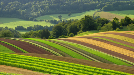 Naklejka premium A picturesque landscape featuring rolling hills with vibrant green and brown fields. The fields are arranged in stripes, showcasing various shades of green, yellow, and brown. Lush trees line the hill
